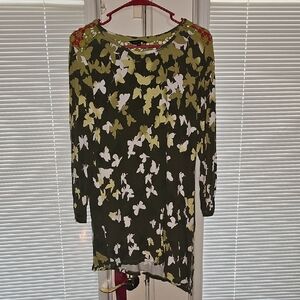Multiples Green and White Butterfly Print Blouse